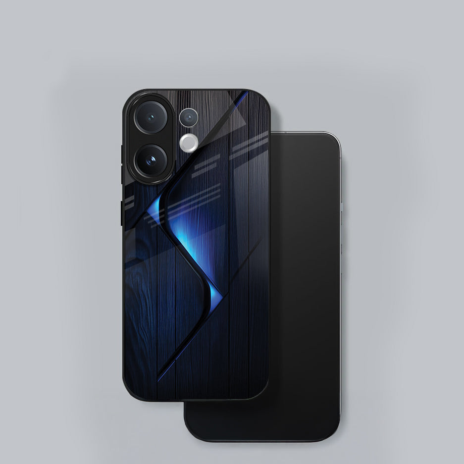 Black smartphone case with blue reflective design on a gray background
