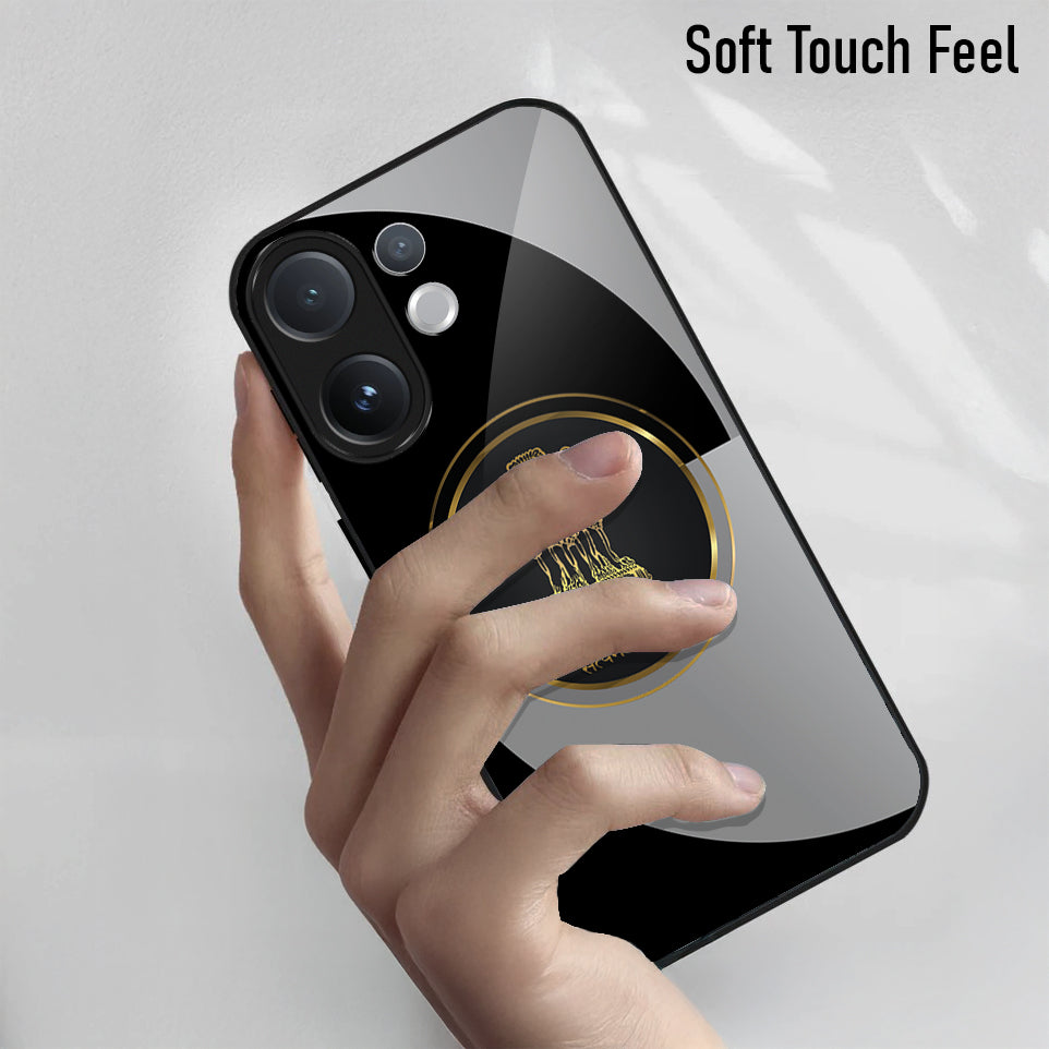 Phone case with gold ring design held by a hand, labeled 'Soft Touch Feel'.