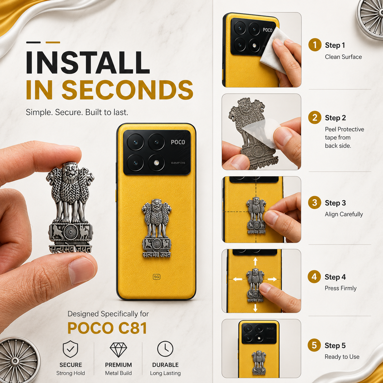 POCO X6 Pro 5G Compatible Satyamev Jayate 3D Metal Emblem Sticker