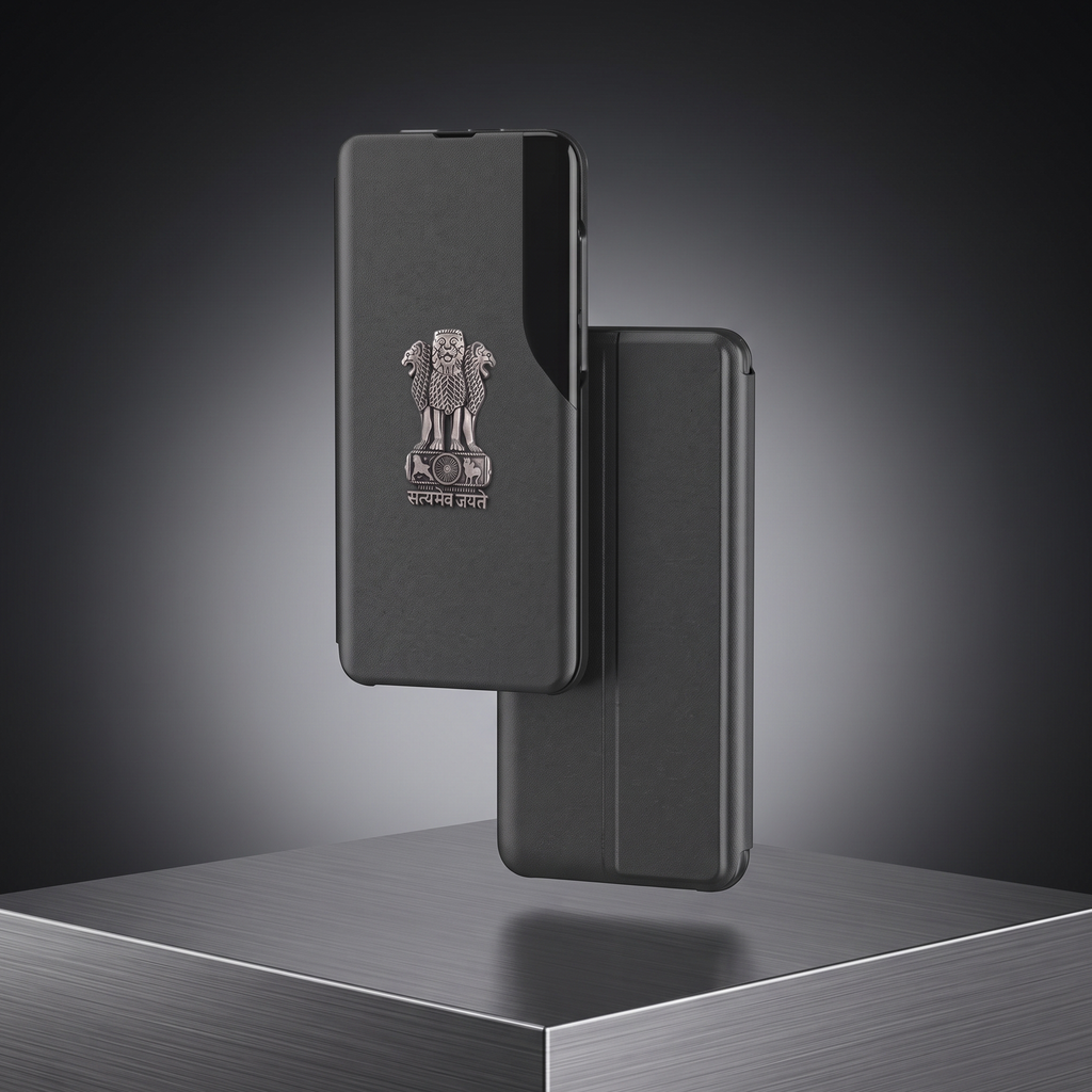 Oppo A3 Pro 5G Metal Emblem Satyamev Jayate Half Window Leather Flip Case