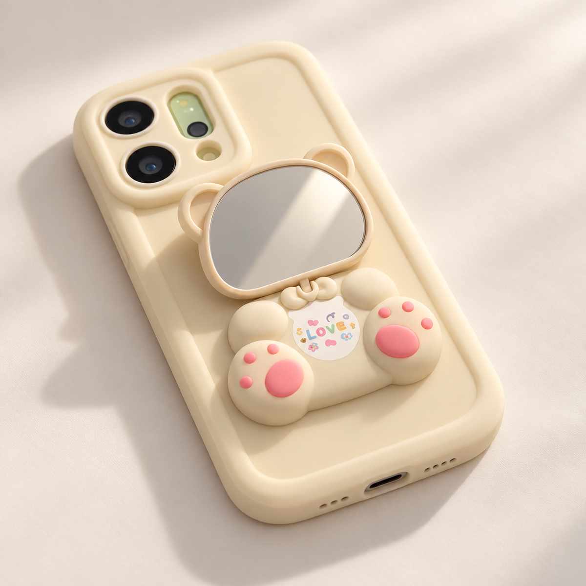 OPPO Reno 14 5G 3D Cat Mirror Case – Beige Protective Cover