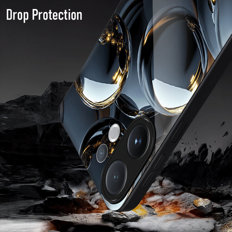 Phone case with drop protection feature shown on a rocky surface