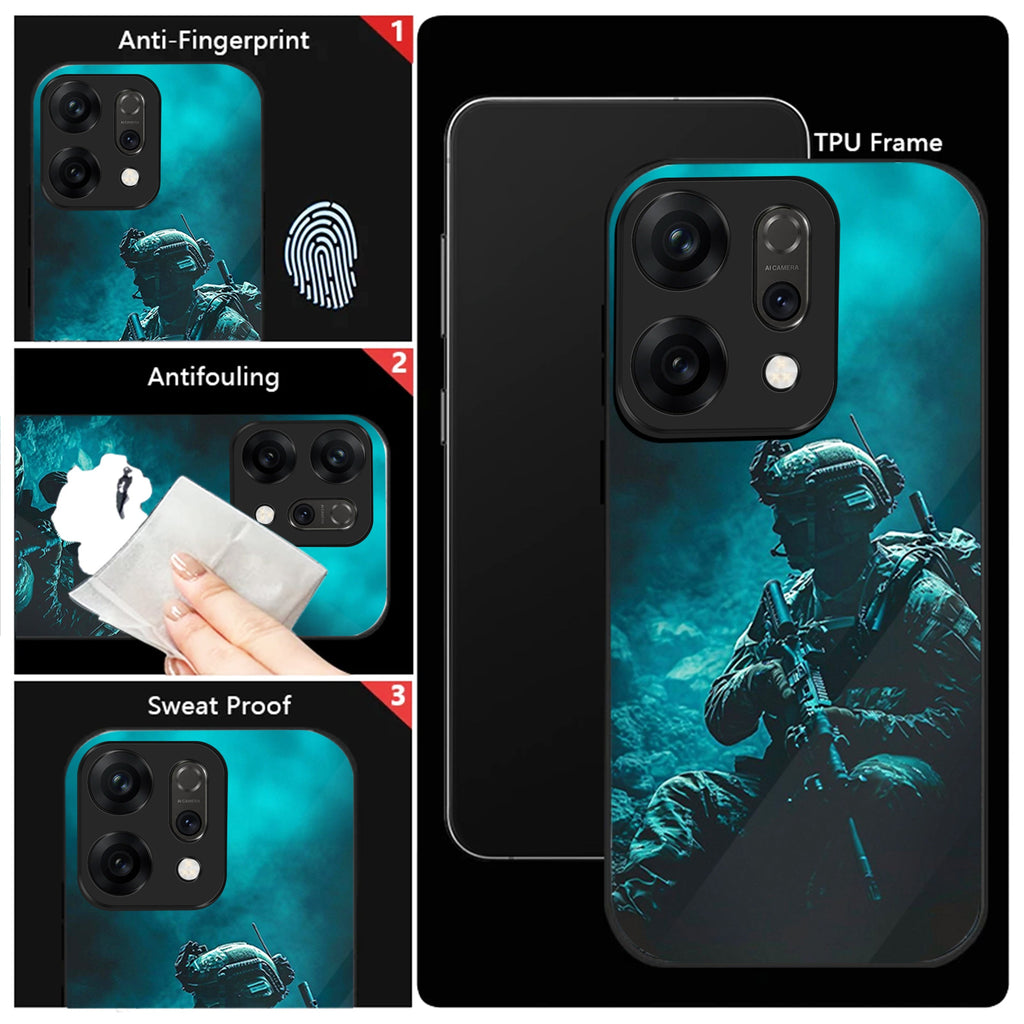 Phone case with soldier design and feature cards on a black background