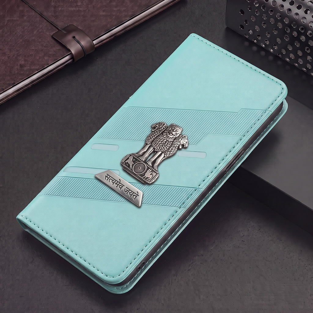 Oppo Reno 13 5G Metal Satyamev Jayate 2-in-1 Emblem Magnetic Flip Wallet Case