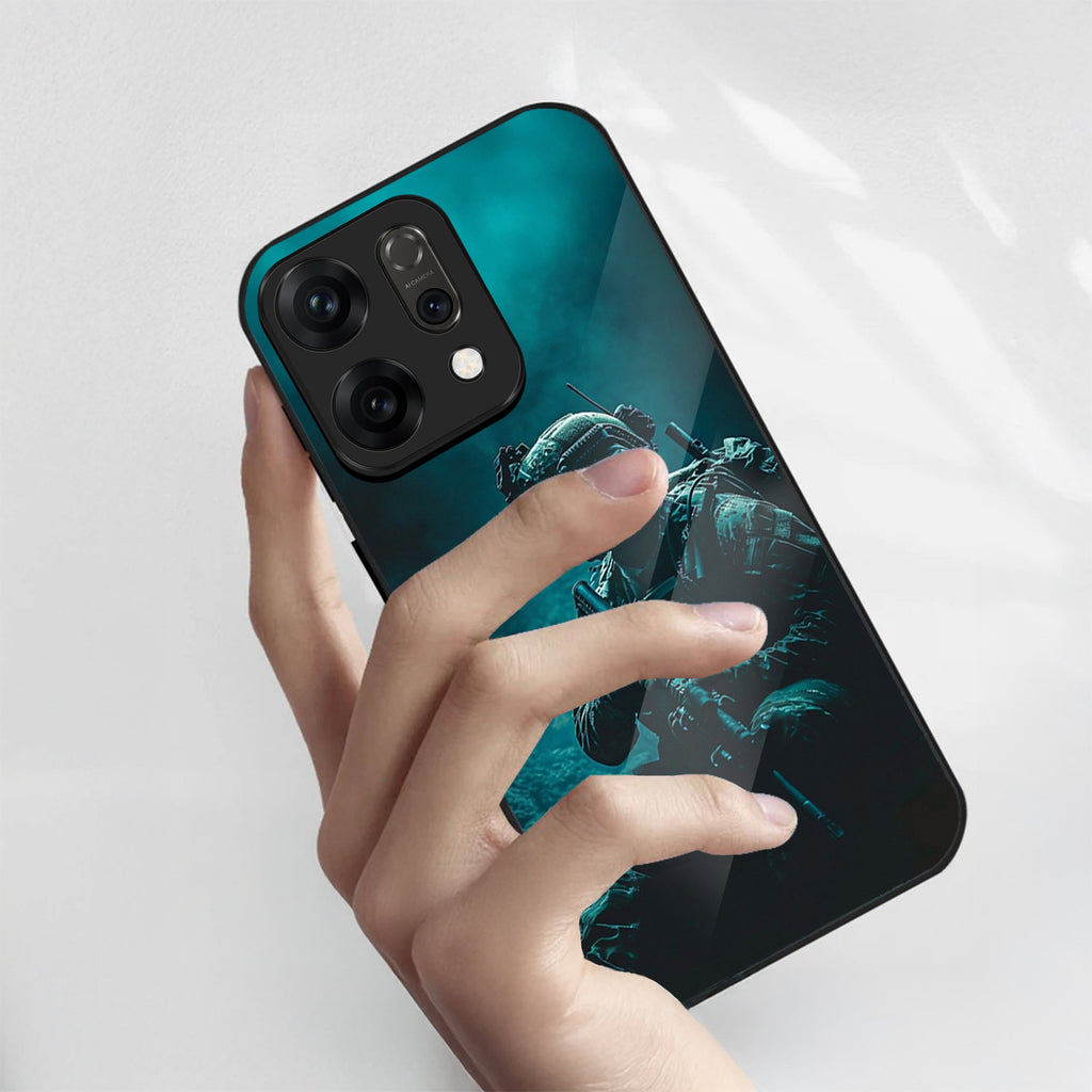 Hand holding a phone with a teal and black case on a light gray background