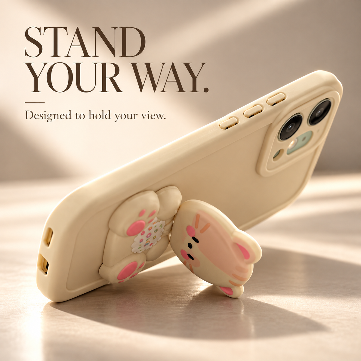 OPPO Reno 14 5G 3D Cat Mirror Case – Beige Protective Cover