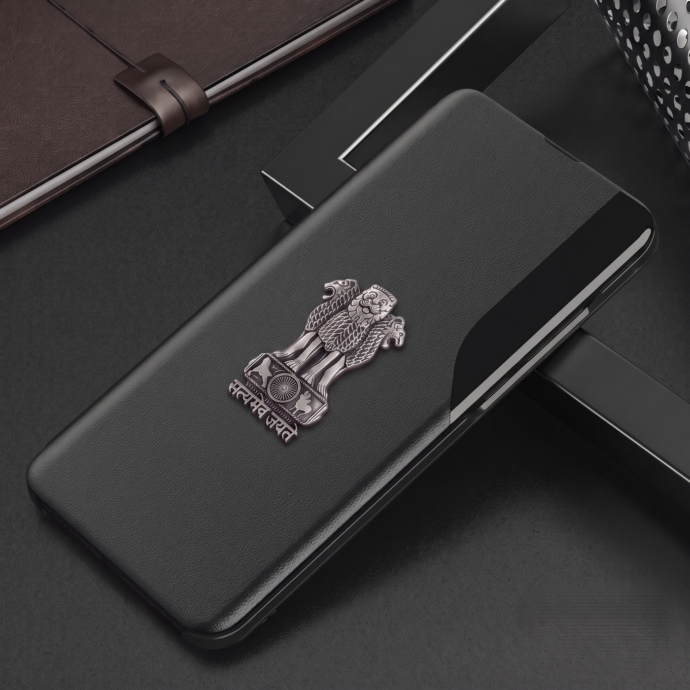 Vivo Y28 5G Metal Emblem Satyamev Jayate Half Window Leather Flip Case