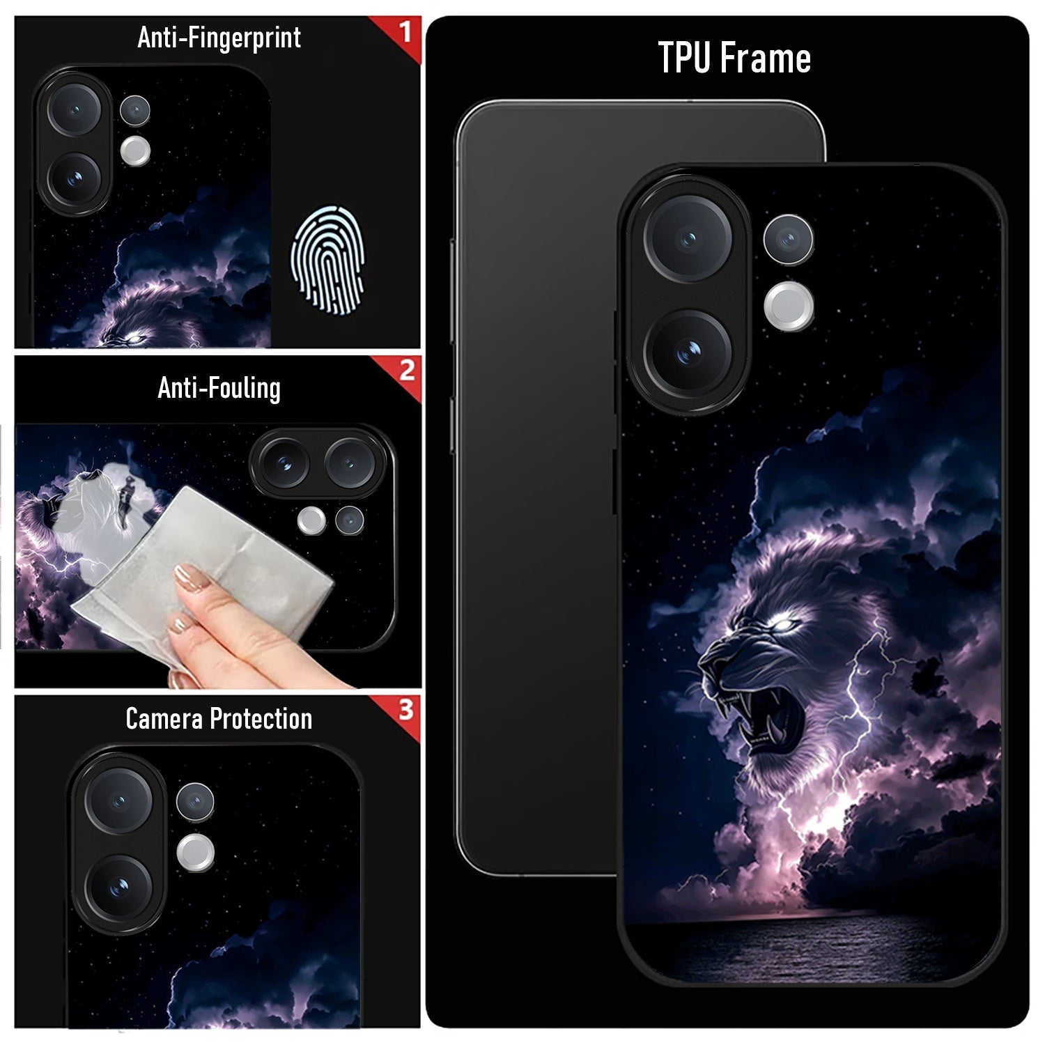 Vivo V60 5G Phone case with TPU frame and lion design, featuring anti-fingerprint, anti-fouling, and camera protection features.