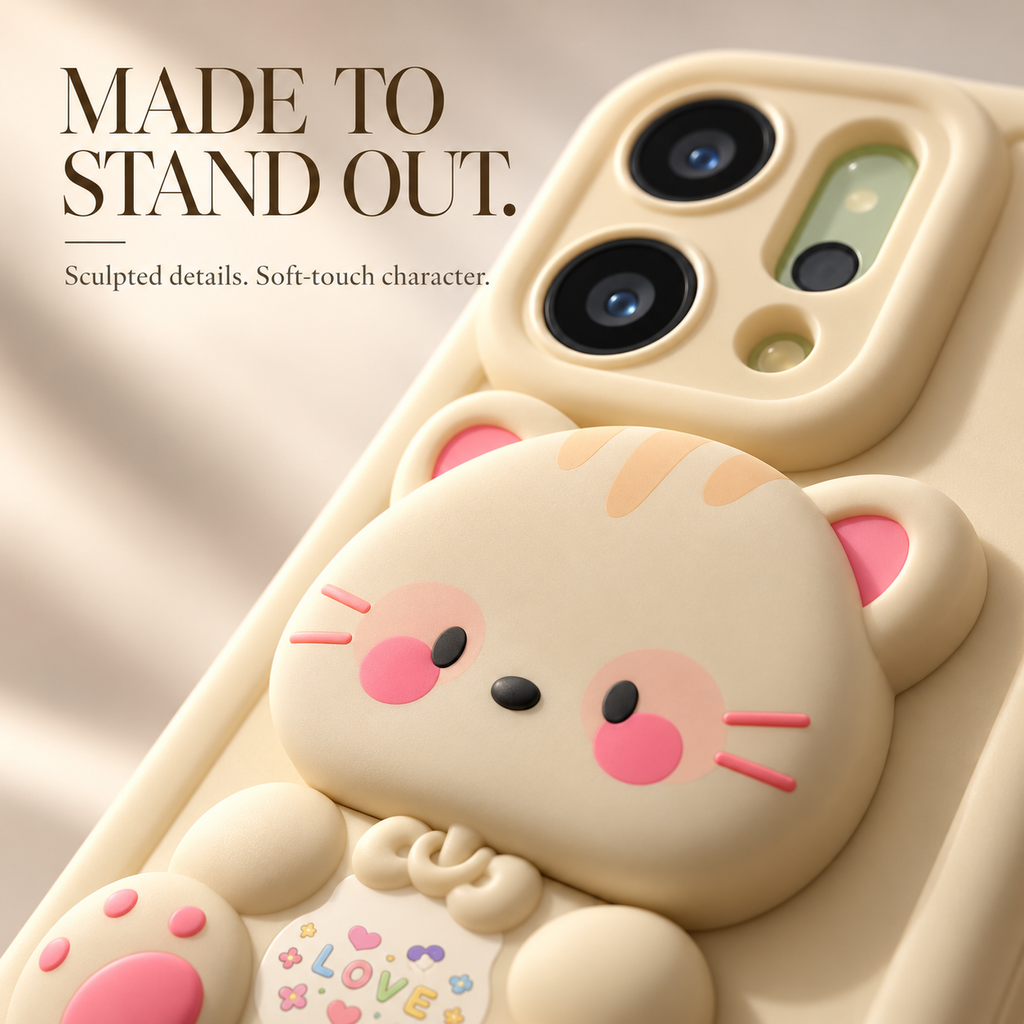 OPPO Reno 14 5G 3D Cat Mirror Case – Beige Protective Cover