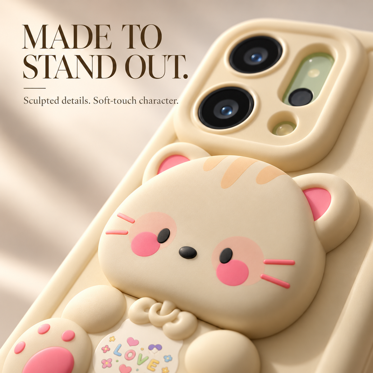 OPPO Reno 14 5G 3D Cat Mirror Case – Beige Protective Cover