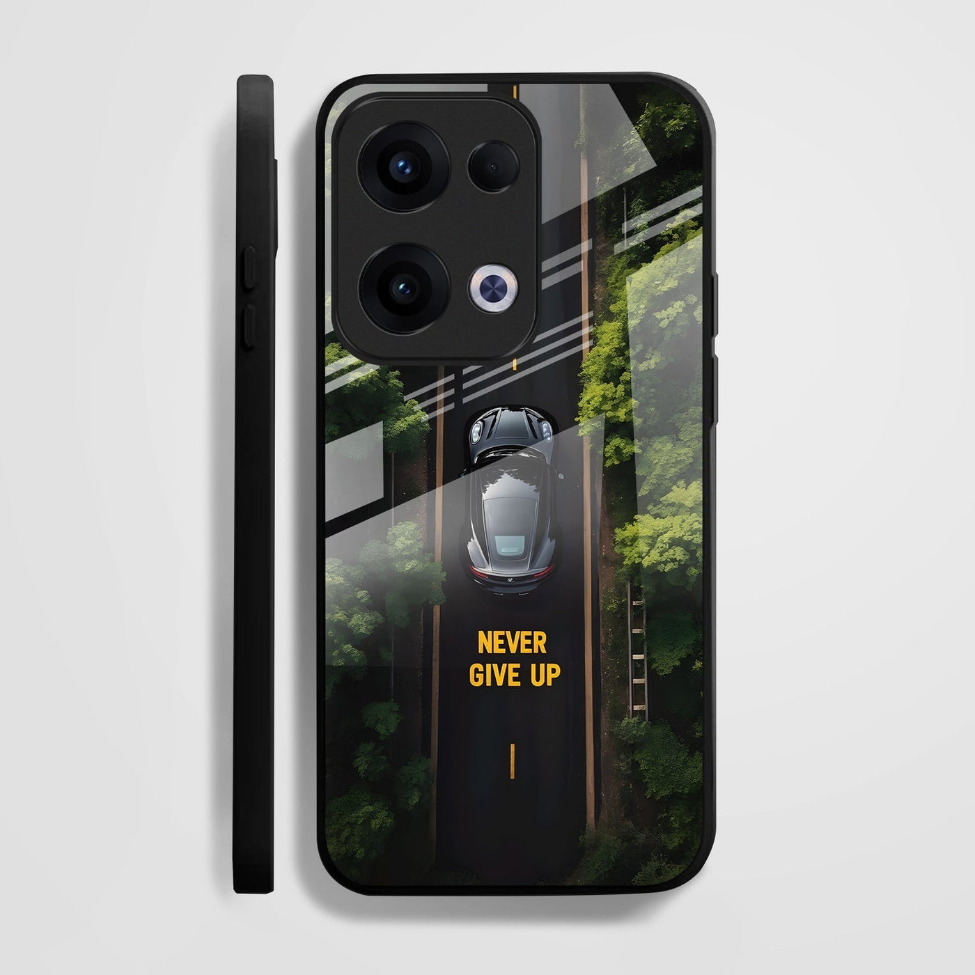 Oppo Reno 13 5G Premium Acrylic Shockproof Glass Back Case (Road Never Give up)