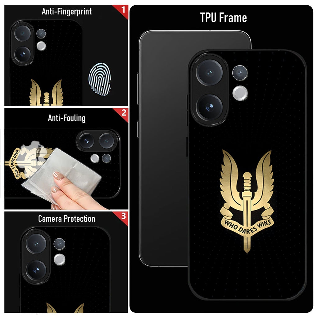 Phone case with gold emblem and text 'Who Dares Wins' on a black background, with feature cards displayed.