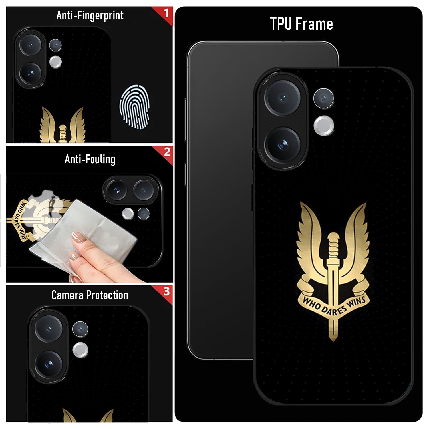 Phone case with gold emblem and text 'Who Dares Wins' on a black background, with feature cards displayed.