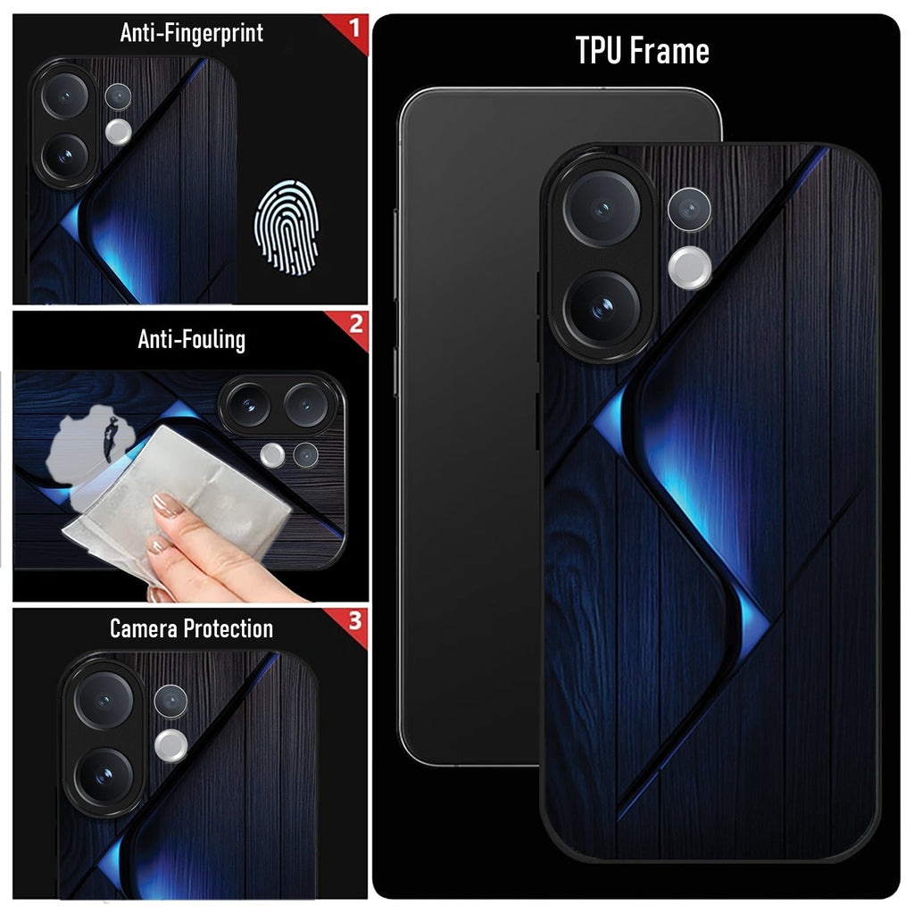 Phone case with TPU frame, anti-fingerprint, anti-fouling, and camera protection features.
