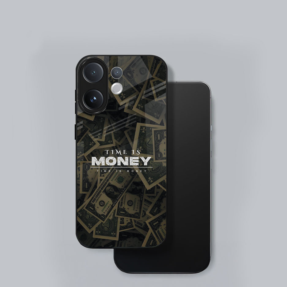 Vivo V60 5G Phone case with 'Time is Money' text and money design on a gray background