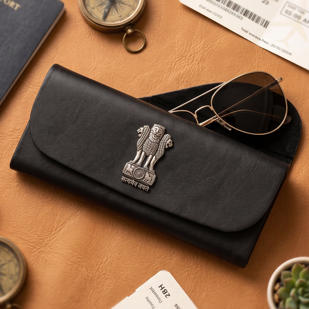 Premium Soft Leather Eyewear / Sunglasses Case With 3D Metal Emblem