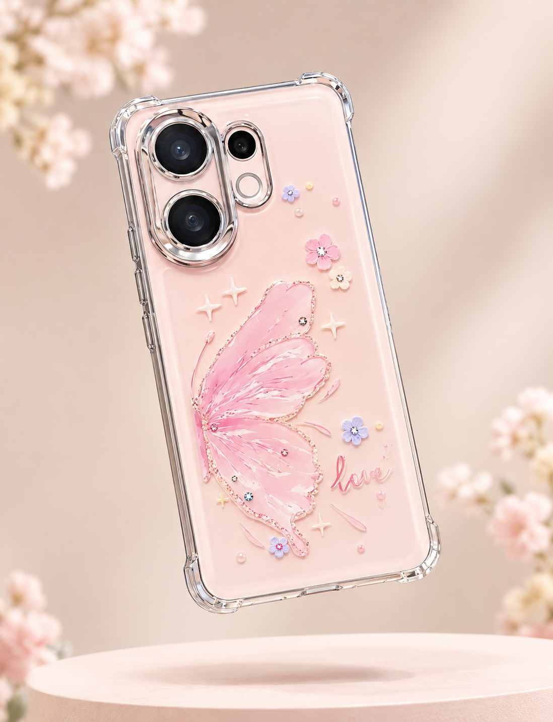 Vivo V60 5G Butterfly Pink Aesthetic Case – Transparent Shockproof Cover