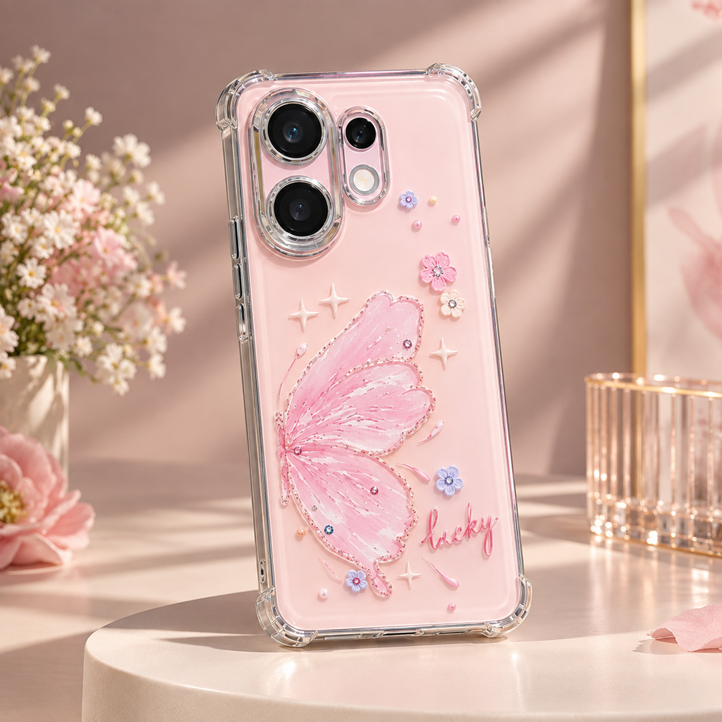 Vivo V60 5G Butterfly Pink Aesthetic Case – Transparent Shockproof Cover