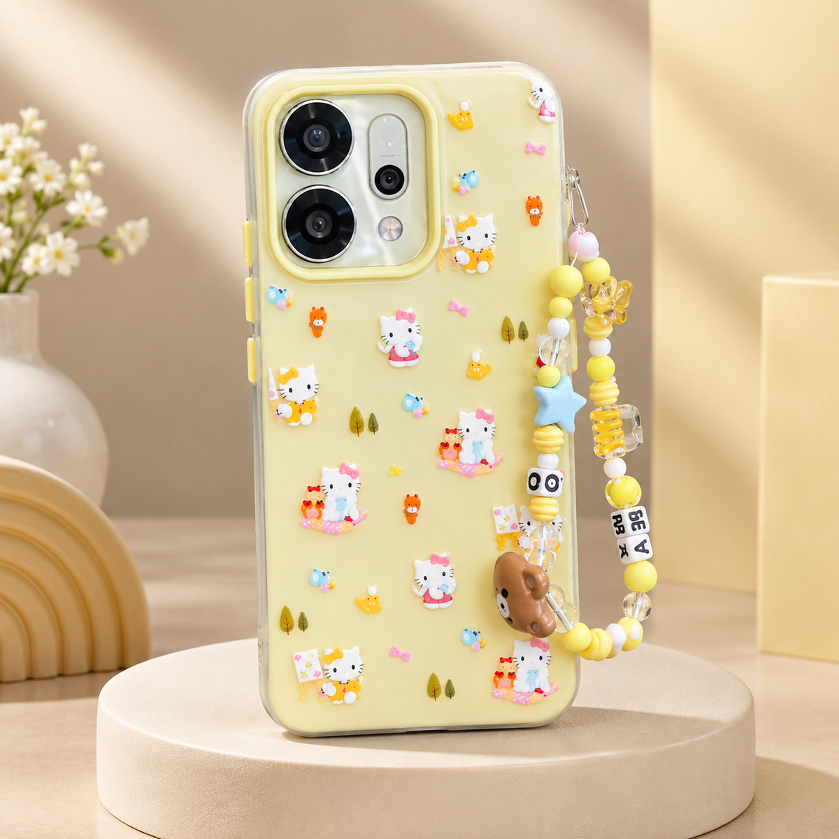 Oppo Reno 14 5G Cute Kitty Print Case with Beaded Charm Strap