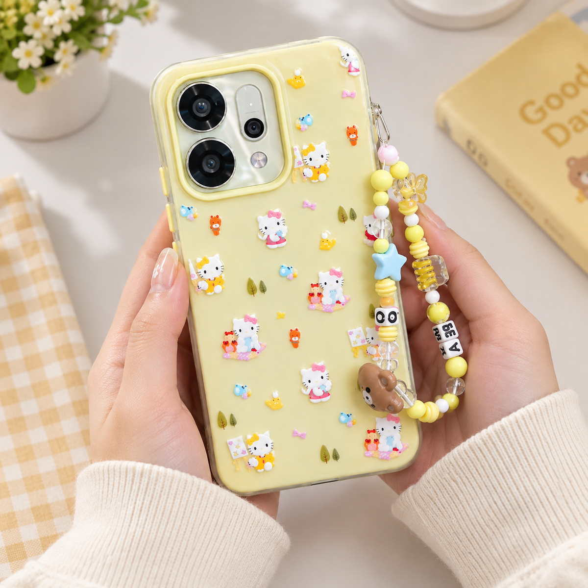 Oppo Reno 14 5G Cute Kitty Print Case with Beaded Charm Strap