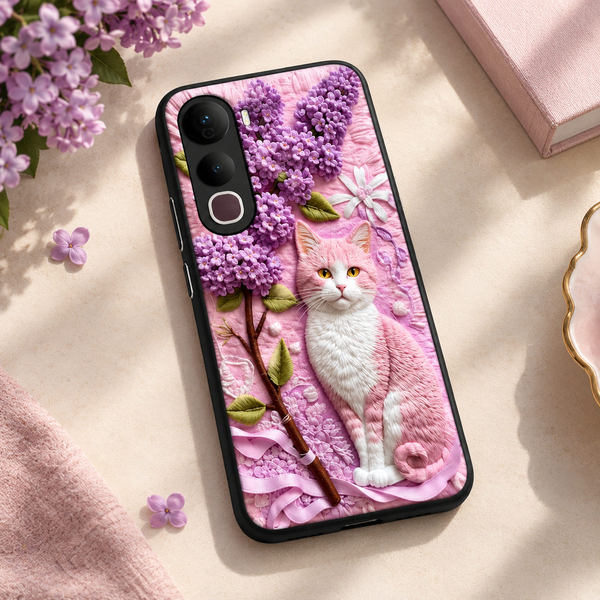 Vivo Y400 Pro 5G Lavender Cat Floral Glass Case