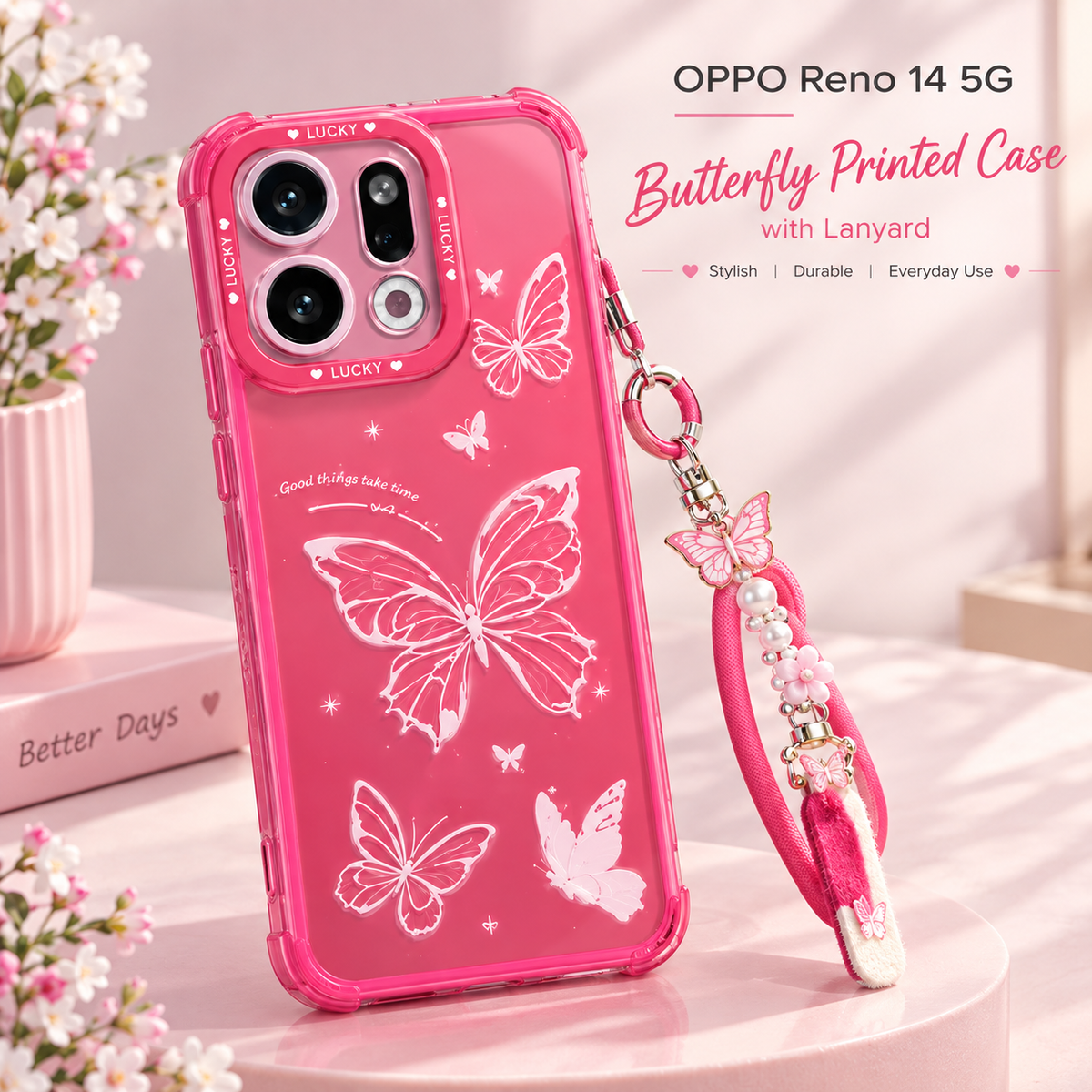 OPPO Reno 14 5G Butterfly Printed Case with Lanyard – Pink Protective Cover