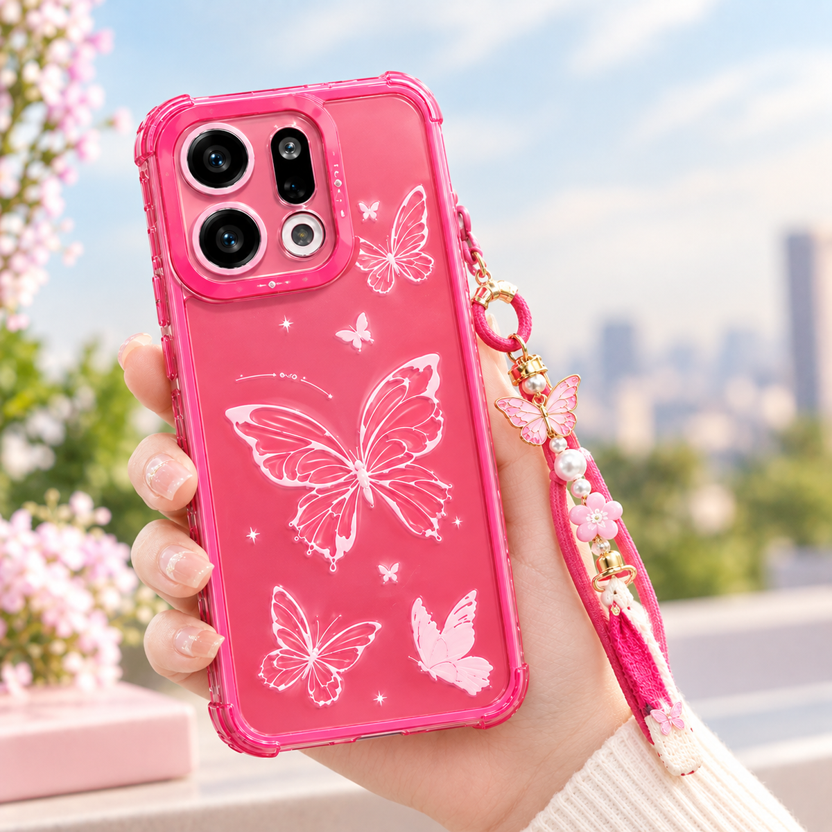 OPPO Reno 14 5G Butterfly Printed Case with Lanyard – Pink Protective Cover