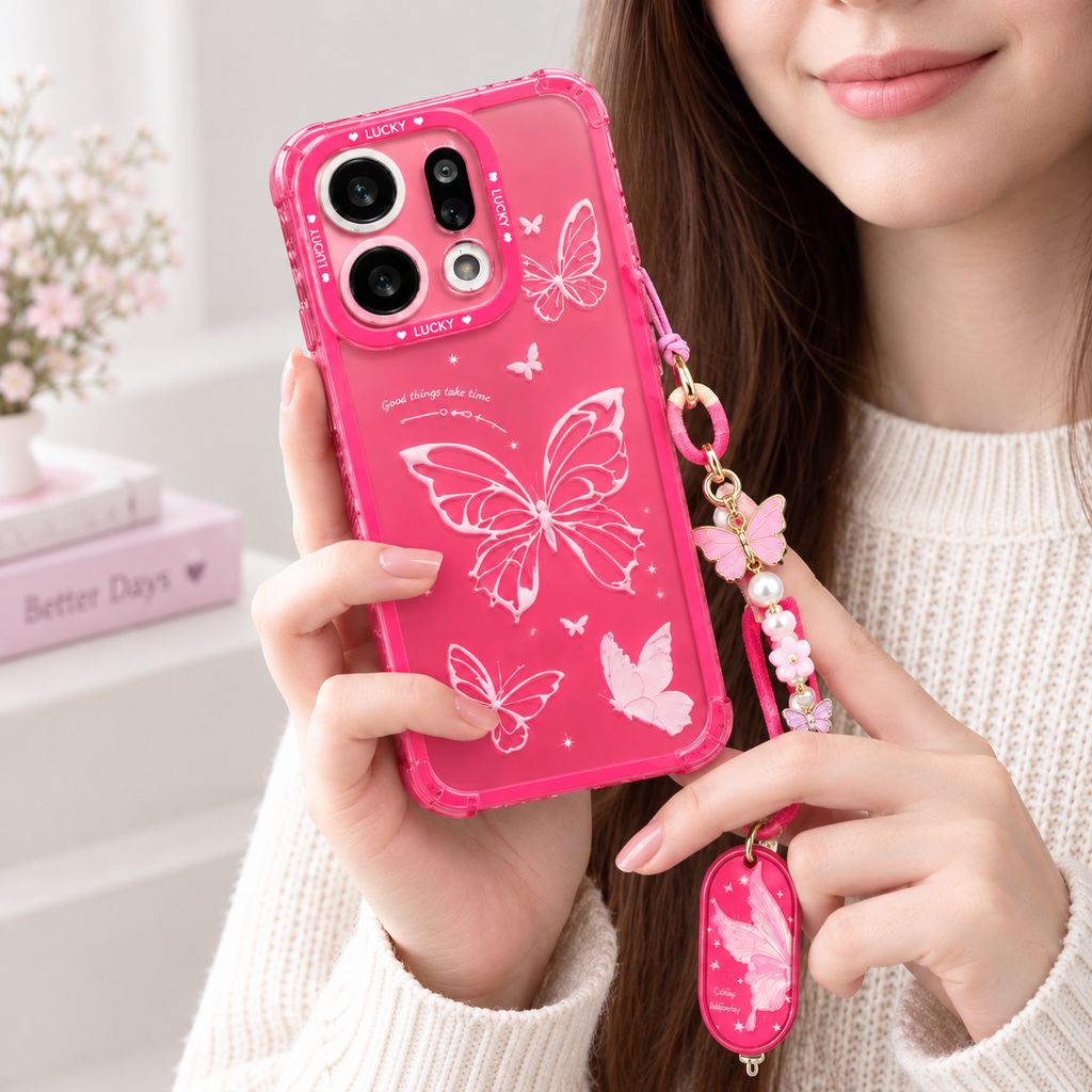 OPPO Reno 14 5G Butterfly Printed Case with Lanyard – Pink Protective Cover