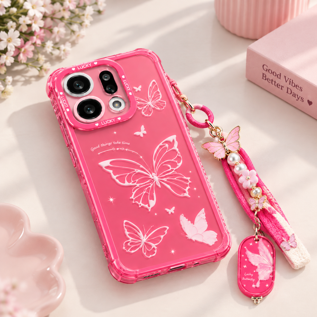 OPPO Reno 14 5G Butterfly Printed Case with Lanyard – Pink Protective Cover