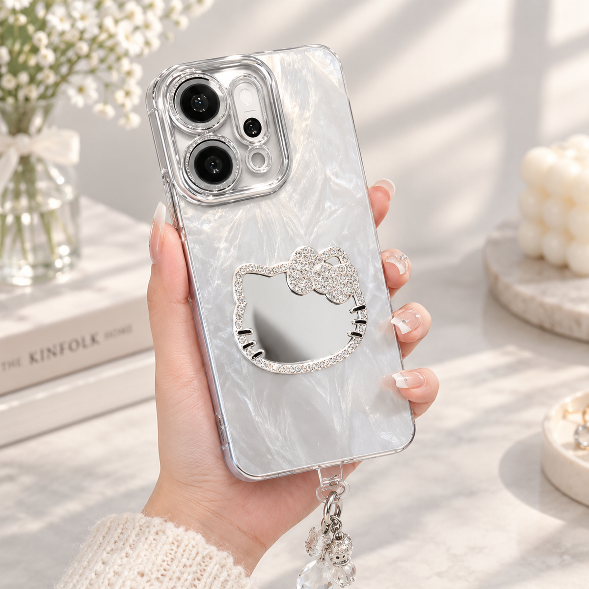 OPPO Reno 14 5G Cute Bow Mirror Case with Lanyard – Silver Protective Cover