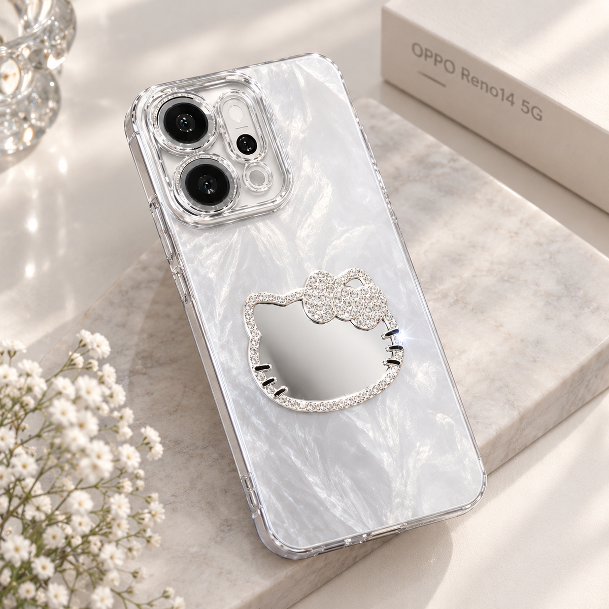 OPPO Reno 14 5G Cute Bow Mirror Case with Lanyard – Silver Protective Cover