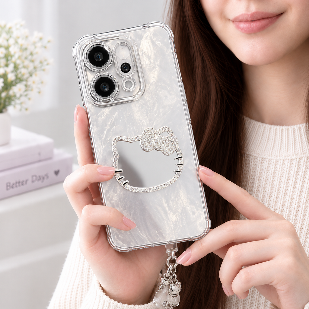 OPPO Reno 14 5G Cute Bow Mirror Case with Lanyard – Silver Protective Cover