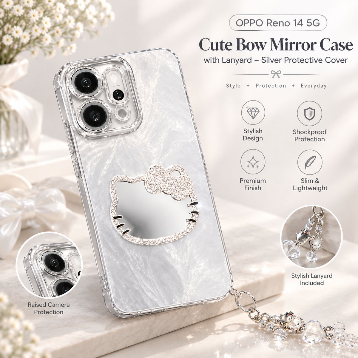 OPPO Reno 14 5G Cute Bow Mirror Case with Lanyard – Silver Protective Cover