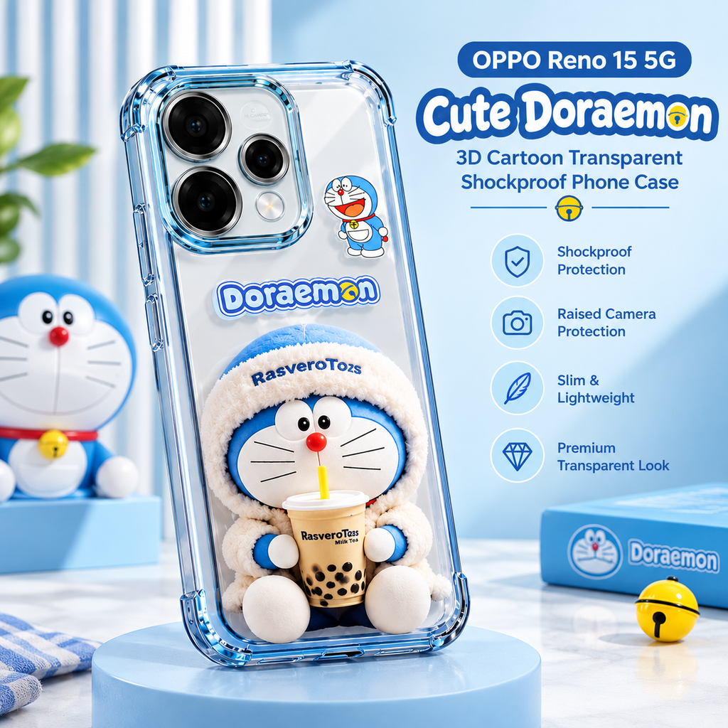 OPPO Reno 15 5G Cute Doraemon 3D Cartoon Transparent Airbag Shockproof Phone Case