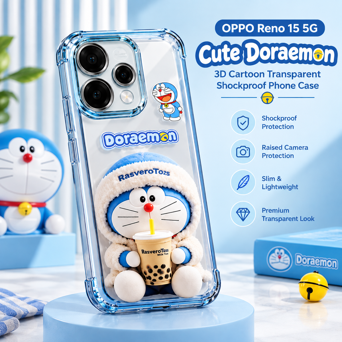 OPPO Reno 15 5G Cute Doraemon 3D Cartoon Transparent Airbag Shockproof Phone Case
