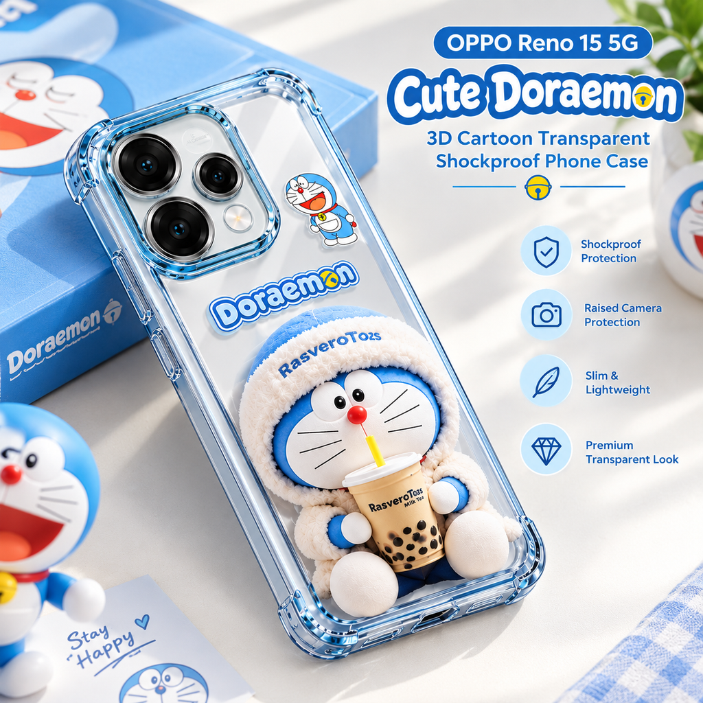 OPPO Reno 15 5G Cute Doraemon 3D Cartoon Transparent Airbag Shockproof Phone Case