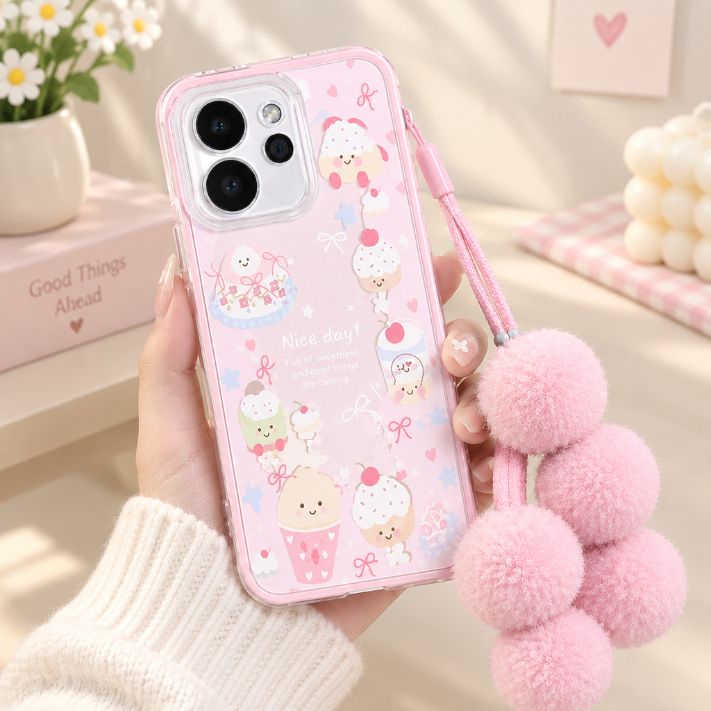 OPPO Reno 15 Pro Mini 5G Cute Cartoon Case With Lanyard – Pink Aesthetic Protective Cover