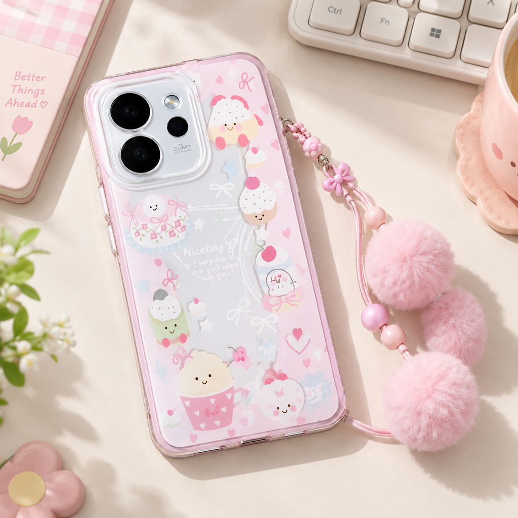 OPPO Reno 15 Pro Mini 5G Cute Cartoon Case With Lanyard – Pink Aesthetic Protective Cover