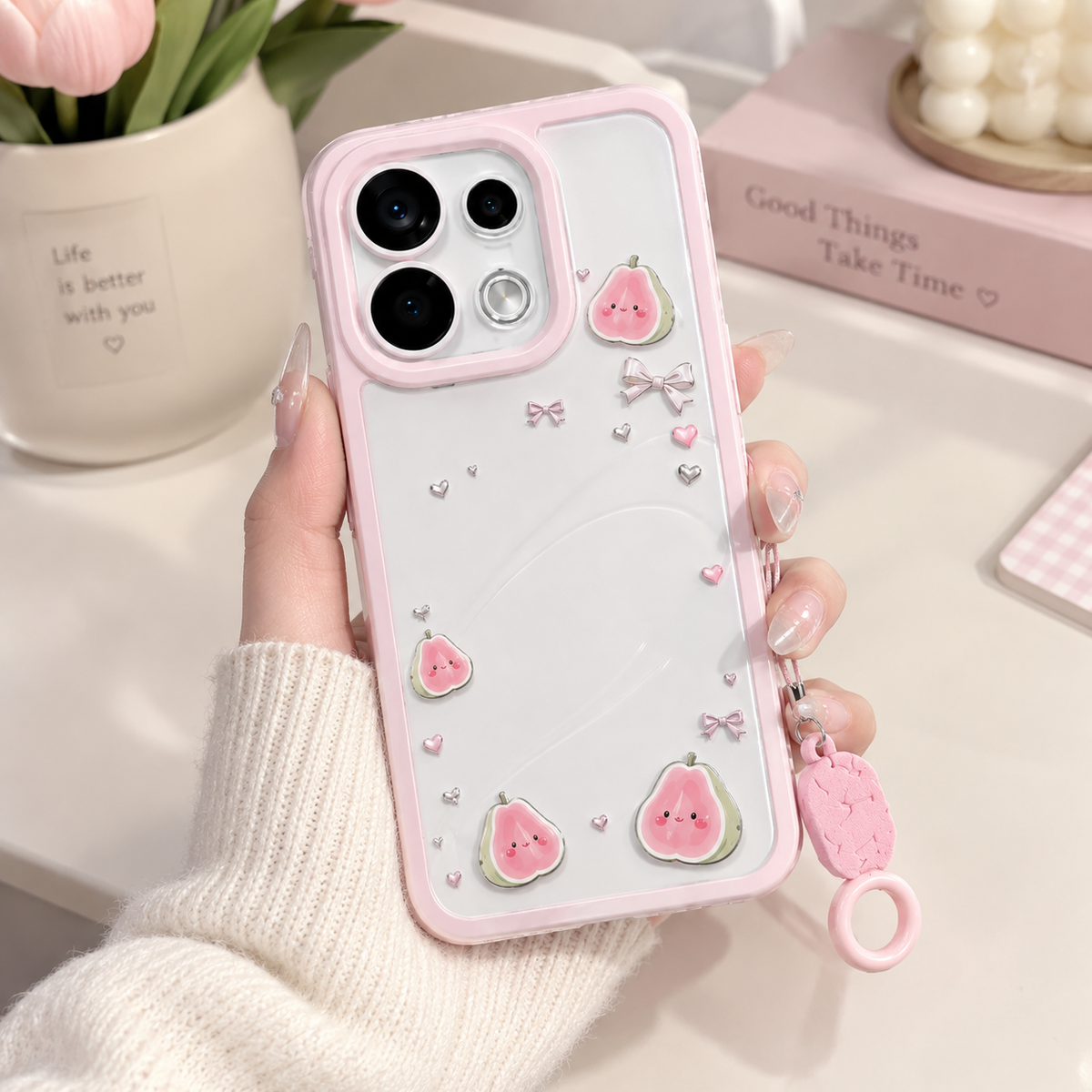 OPPO Reno 16 5G Cute Strawberry Case with Lanyard – Pink Aesthetic Protective Cover
