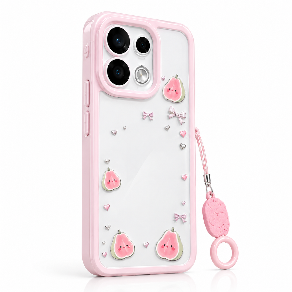 OPPO Reno 16 5G Cute Strawberry Case with Lanyard – Pink Aesthetic Protective Cover