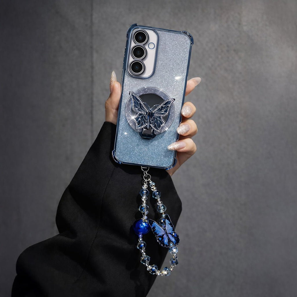 Samsung Galaxy A56 5G Shockproof Shimmer Butterfly Stand Case with Charm Strap