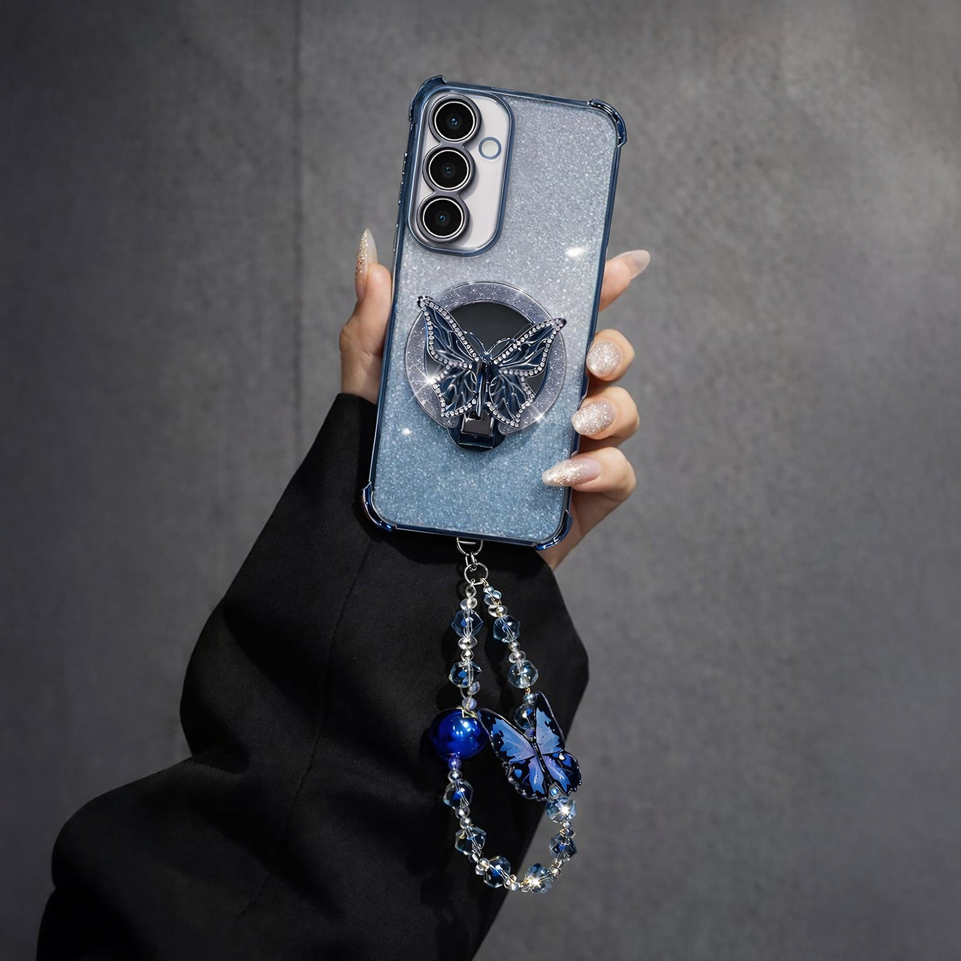 Samsung Galaxy A56 5G Shockproof Shimmer Butterfly Stand Case with Charm Strap