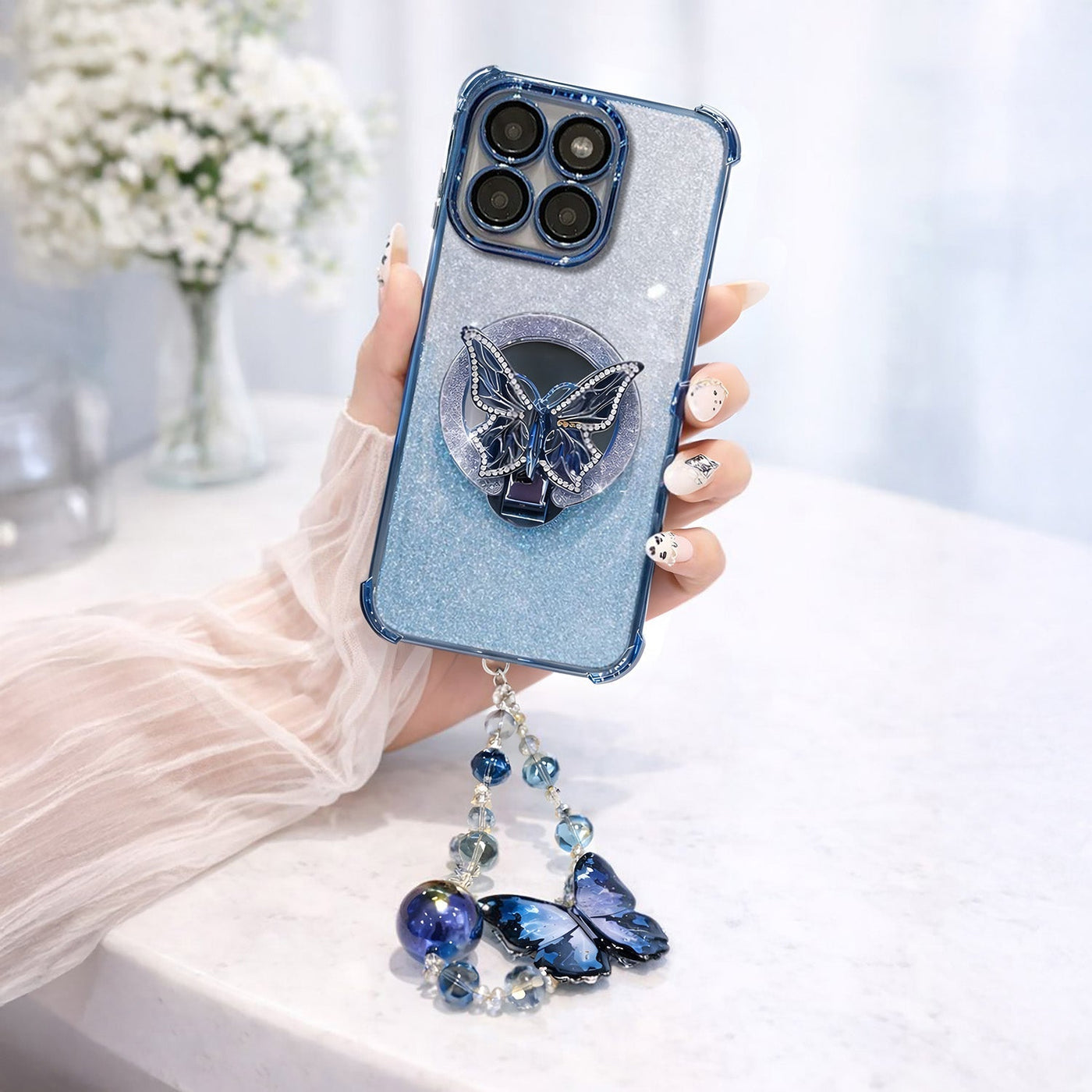 Motorola Edge 60 Pro 5G Shockproof Shimmer Butterfly Stand Case with Charm Strap