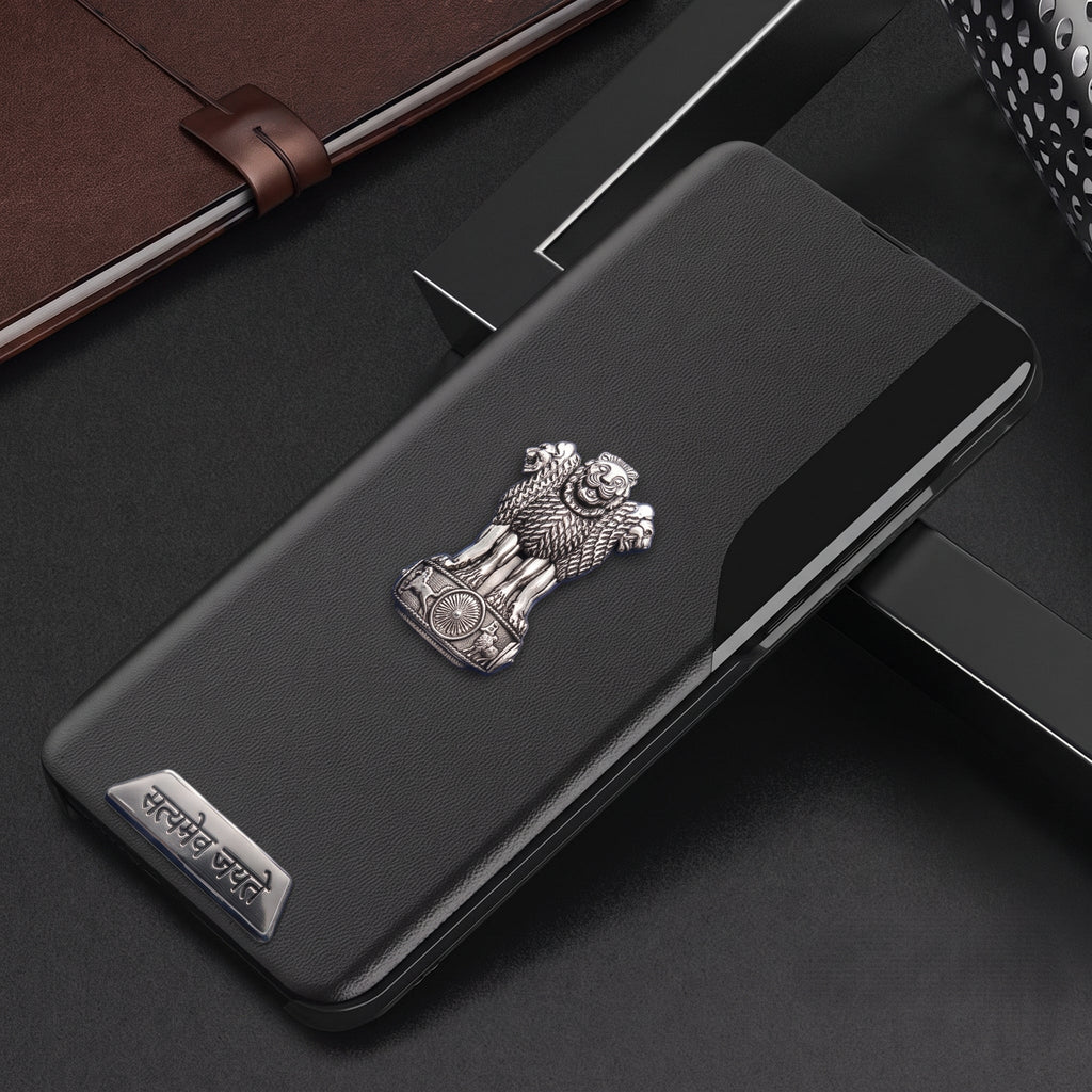 Oppo A3 Pro 5G Metal Satyamev Jayate 2-in-1 Emblem Half-Window Leather Flip Case