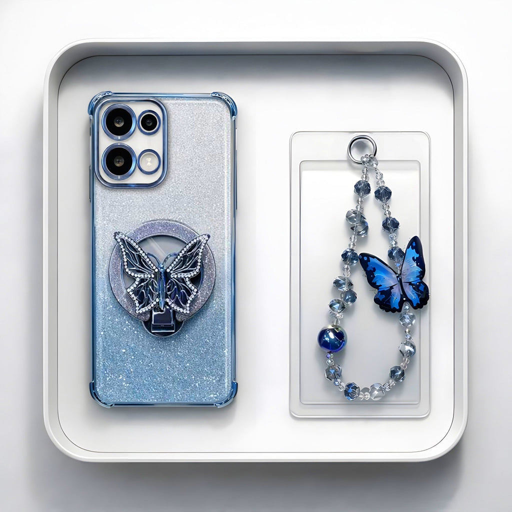Oppo Reno 13 5G Shockproof Shimmer Butterfly Stand Case with Charm Strap