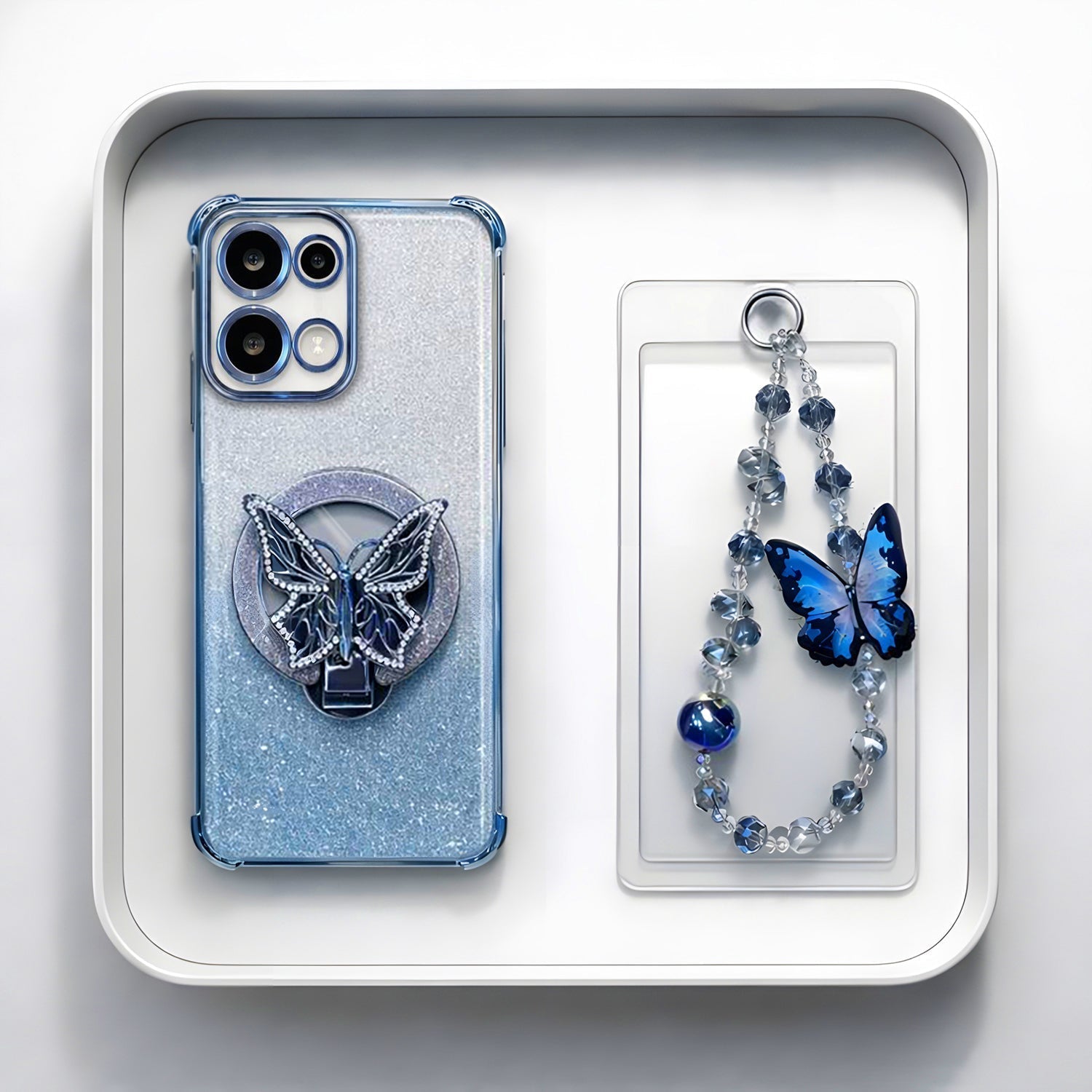 Oppo Reno 13 5G Shockproof Shimmer Butterfly Stand Case with Charm Strap