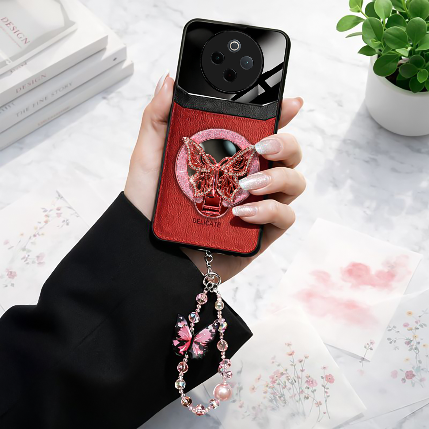 Vivo T4 5G Premium Leather Lens Butterfly Stand Case with Charm Strap